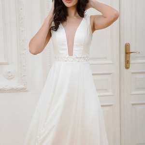 Crepe Wedding Dress – Elegant Handmade A-Line Bridal Gown with Deep V Neckline, Long Wedding Dress, Civil Ceremony Dress, Elopement Dress