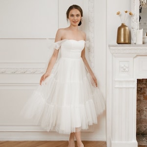 Vestido de novia Boho Midi, tul de lunares, vestido de novia fuera del hombro, vestido de recepción, vestido de fuga