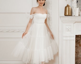 Boho Midi Wedding Dress, Polka dot Tulle, Off-Shoulder Bridal Gown, Reception dress, elopement dress