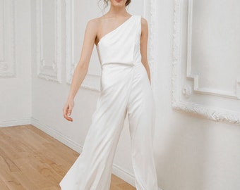 Wedding jumpsuit • alternative wedding dress • bridal jumpsuit • one shoulder top dress • casual wedding dress • crepe wedding dress