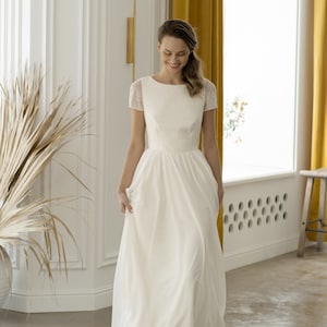 Simple wedding dress lace open back dress long wedding gown boat neckline A-line silhouette white dress image 5