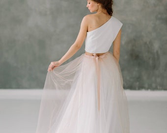 Two piece wedding dress • tulle skirt • bridal separates • wedding separates • wedding skirt • crepe one shoulder top • casual wedding dress