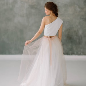 Two piece wedding dress • tulle skirt • bridal separates • wedding separates • wedding skirt • crepe one shoulder top • casual wedding dress