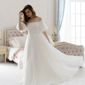 Schulterfreies Brautkleid • Lässiges schlichtes Brautkleid • Bodenlanges Kleid A-Linie Silhouette