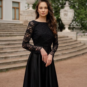 Ready to ship Wedding Dress // Black lace wedding dress civil wedding dress modern wedding dress with long sleeves SAMPLE SALE 画像 1