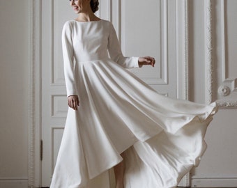 Modest wedding dress / High low skirt / Simple wedding dress with long sleeves