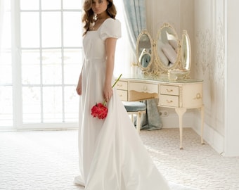 Modest wedding dress • satin wedding dress • simple wedding dress • square neckline • A-line silhouette • elopement dress