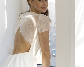 Simple wedding dress • lace open back dress • long wedding gown • boat neckline • A-line silhouette • white dress