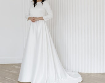 Modest wedding dress • crepe long sleeves dress • Winter wedding dress • A line casual dress