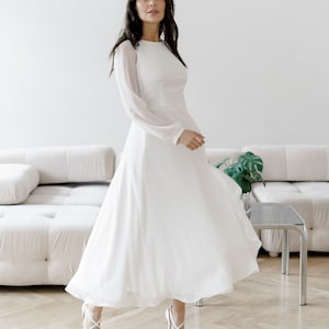 Midi Chiffon Wedding Dress modest long sleeves wedding dress beach boho wedding custom sizes available image 1