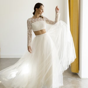 Two piece wedding dress • lace wedding dress • long sleeve crop top • bridal separates • simple wedding dress