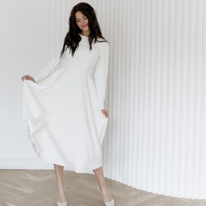 Short wedding dress, crepe wedding dress, modest wedding dress, long sleeves dress, reception dress, modern wedding dress