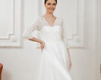 Lace wedding dress • long sleeve A line dress • casual bridal dress • sweetheart neckline • civil wedding dress