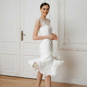 Midi length wedding dress / sweetheart lace neckline / crepe wedding dress civil tea length dress image 3