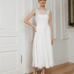 Midi length wedding dress / sweetheart lace neckline / crepe wedding dress civil tea length dress image 1