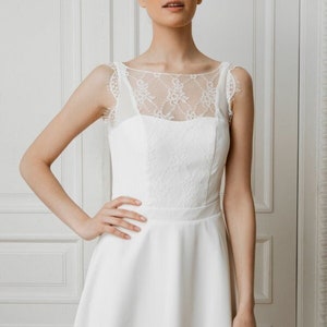 Midi length wedding dress / sweetheart lace neckline / crepe wedding dress civil tea length dress image 4