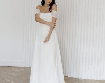 Simple wedding dress • A line dress • reception dress • Off the shoulder bridal dress