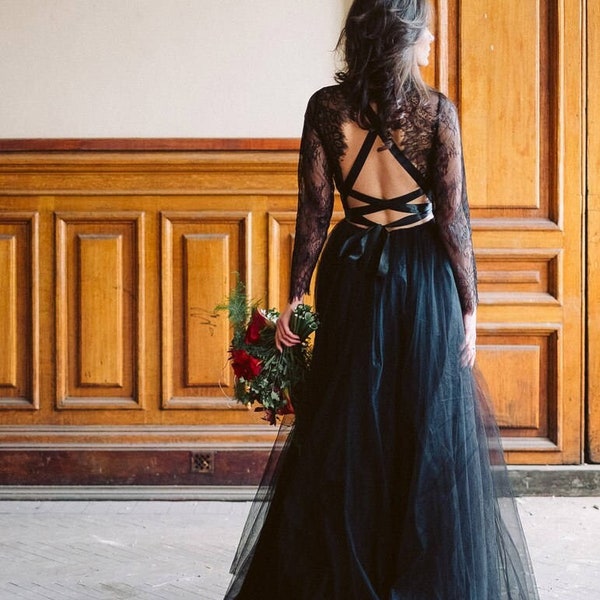 Black wedding dress • gothic dress • lace wedding dress • long sleeve dress