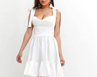Short wedding dress with satin skirt / Simple wedding dress adjustable bows / Elopement dress / Rehearsal dinner dress