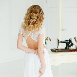 Simple wedding dress lace open back dress long wedding gown boat neckline A-line silhouette white dress image 7