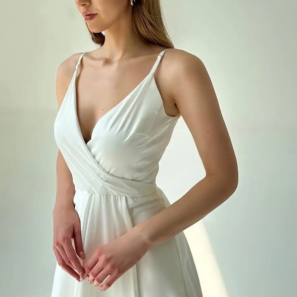 Simple A line wedding dress / Civil wedding dress / V-Neckline / Wrap style dress / new collection / Modern wedding dress