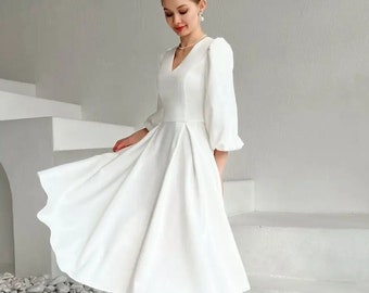 Short midi wedding dress • reception dress • civil wedding dress • elopement dress with long sleeves • new collection