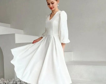 Satin Crepe Midi Wedding Dress: Long Sleeve A-Line Reception Dress