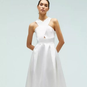 Vestido de novia midi / vestido de novia satinado / escote cruzado / vestido de novia corto sencillo / vestido de civil