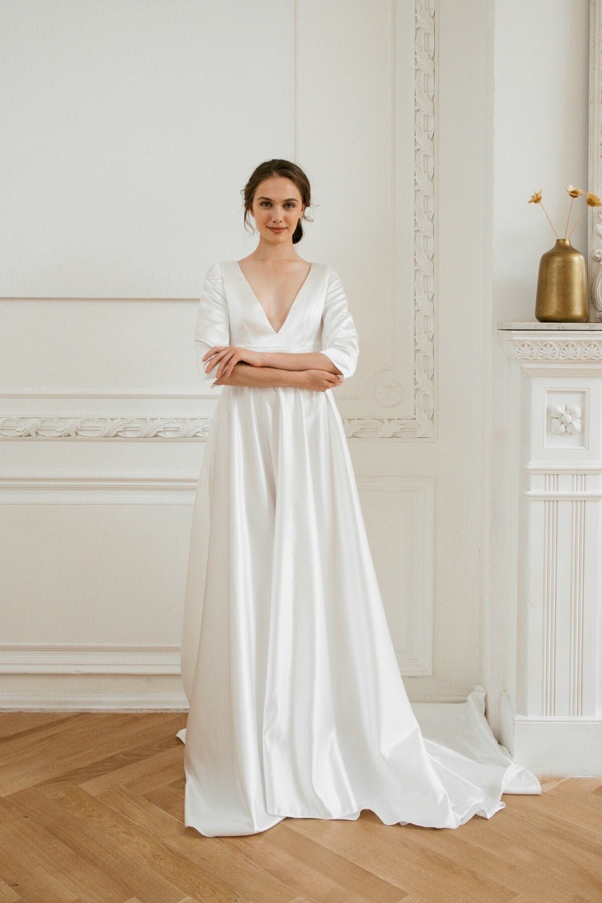 Minimalist Wedding Dress * Satin Deep V-Neck * 3/4 Long Sleeve * Elegant Bridal Gown * Long Train * A-Line Silhouette * Romantic Dress