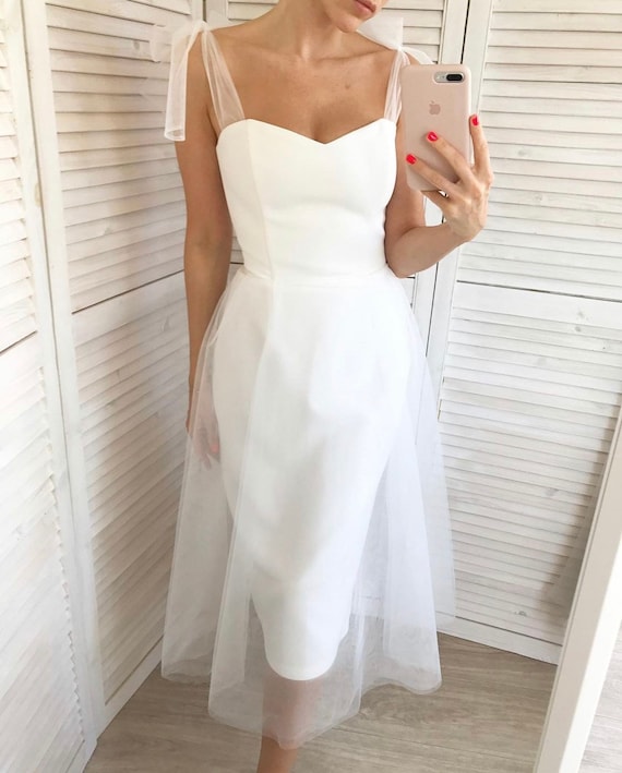 Midi Tulle Wedding Dress: Simple A-line Satin Reception Gown - Etsy