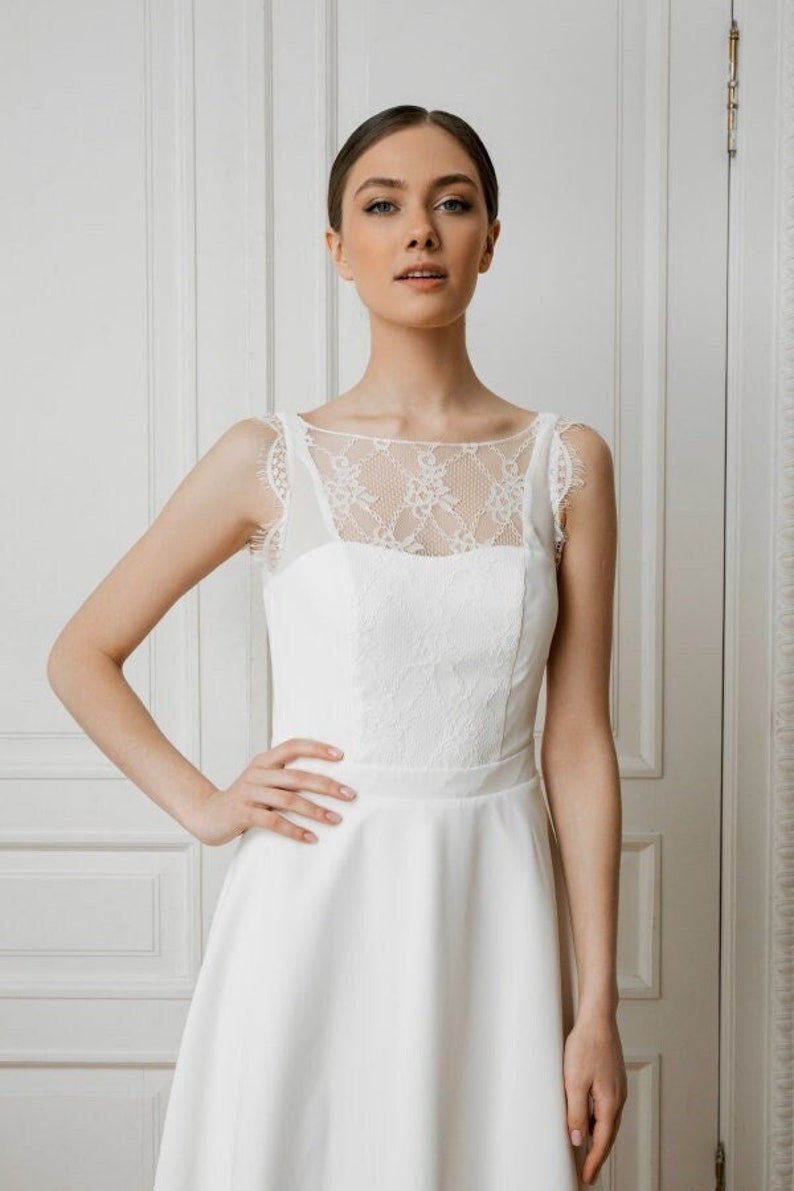 Midi length wedding dress / sweetheart lace neckline / crepe wedding dress civil tea length dress image 4