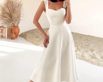 Elegant White Midi Wedding Dress: Square Neck A-Line Sleeveless Gown