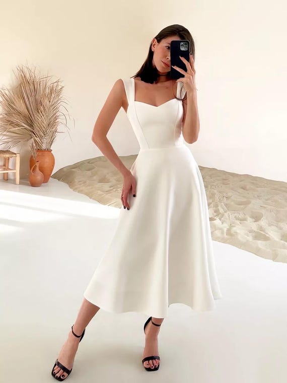 Elegant White Midi Dress, Minimalist Wedding Dress, Square Neck A-line Dress,  Bridal Shower Outfit, Sleeveless Formal Gown, Summer Dress - Etsy UK