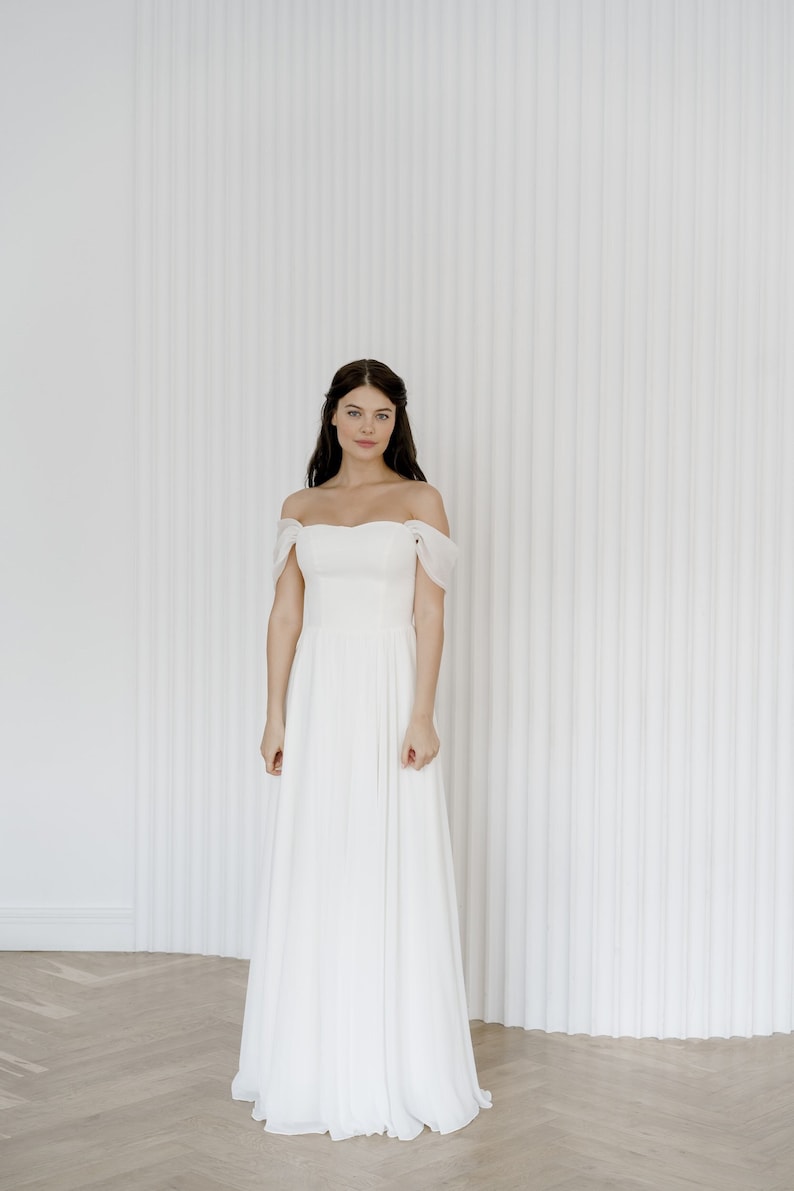 Simple wedding dress A line dress reception dress Off the shoulder bridal dress image 9