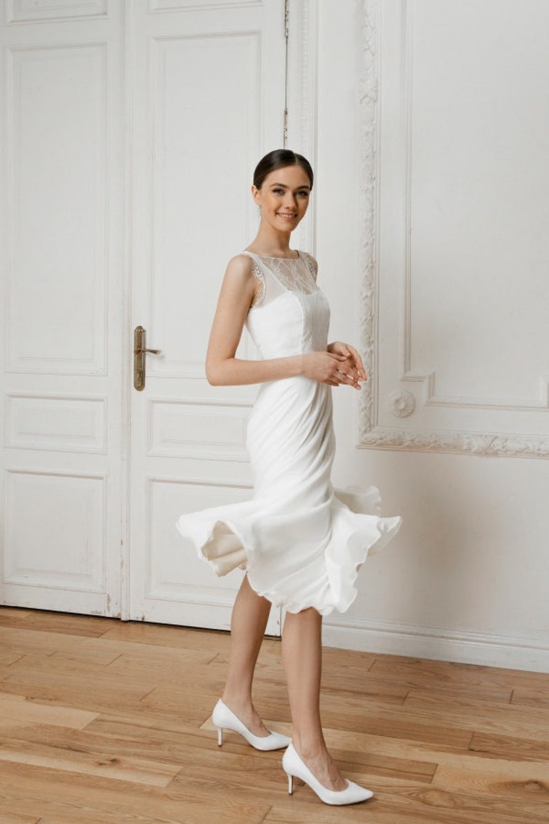 Midi length wedding dress / sweetheart lace neckline / crepe wedding dress civil tea length dress image 3