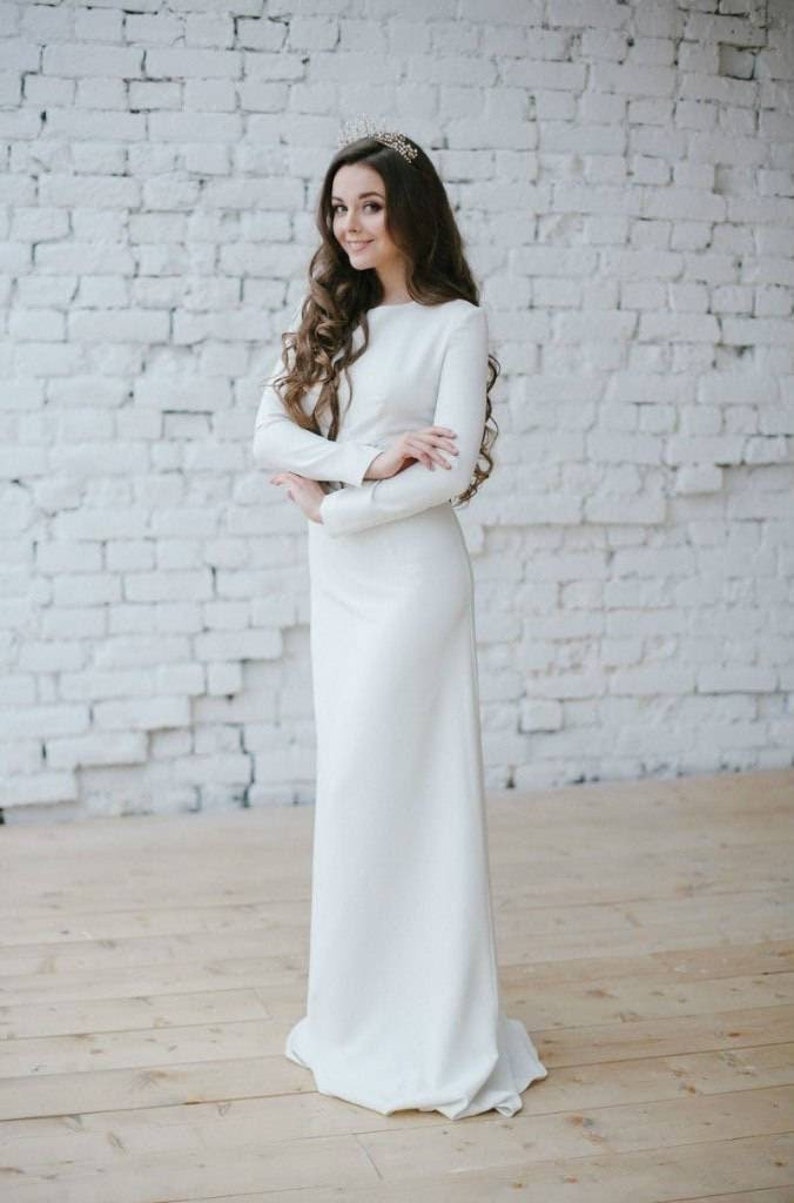 Modest wedding dress winter wedding dress lace dress long sleeves casual wedding dress crepe dress image 1