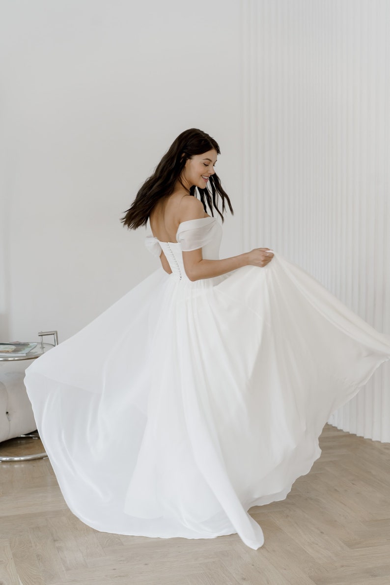 Simple wedding dress A line dress reception dress Off the shoulder bridal dress image 6