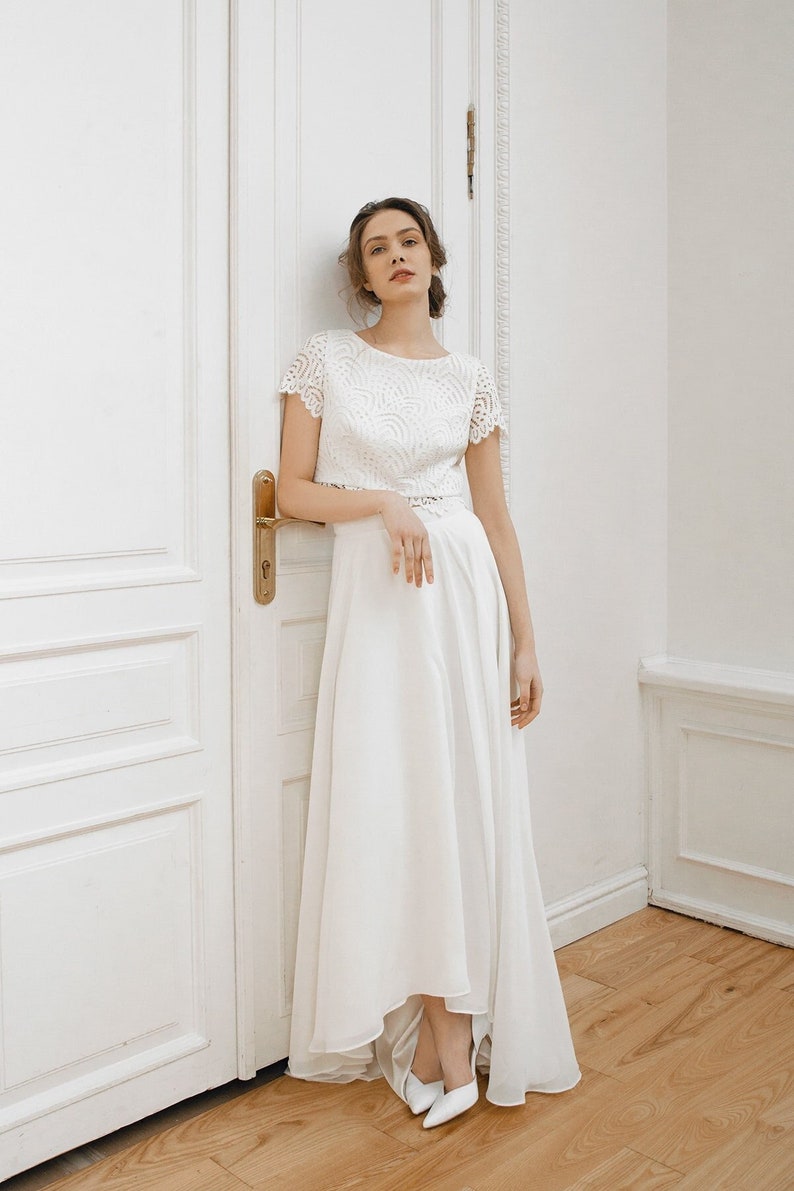 2 piece wedding dress / Crop top wedding dress / High-low skirt / Bridal separates / Lace top dress image 5