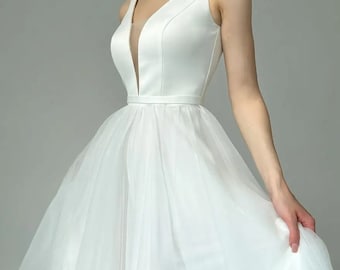 Midi Tulle Wedding Dress: V-Neck Satin Sheath, Civil Ceremony