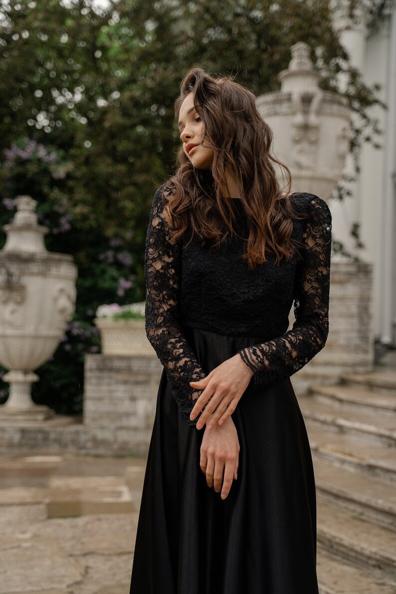 Ready to ship Wedding Dress // Black lace wedding dress civil wedding dress modern wedding dress with long sleeves SAMPLE SALE 画像 5