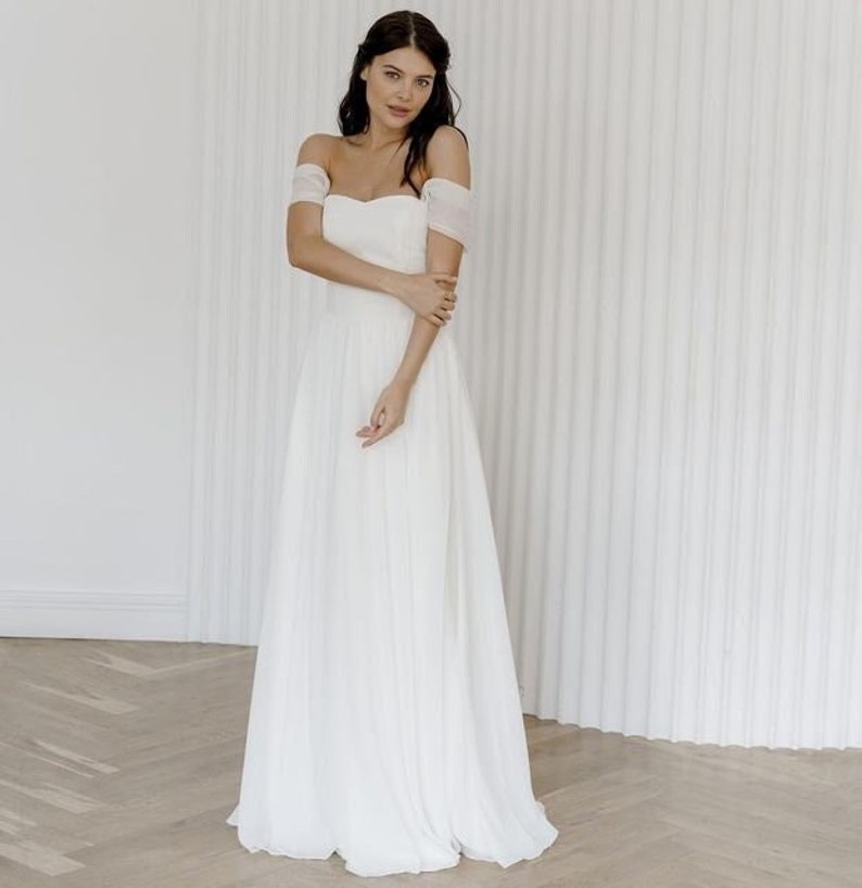 Simple wedding dress A line dress reception dress Off the shoulder bridal dress image 1