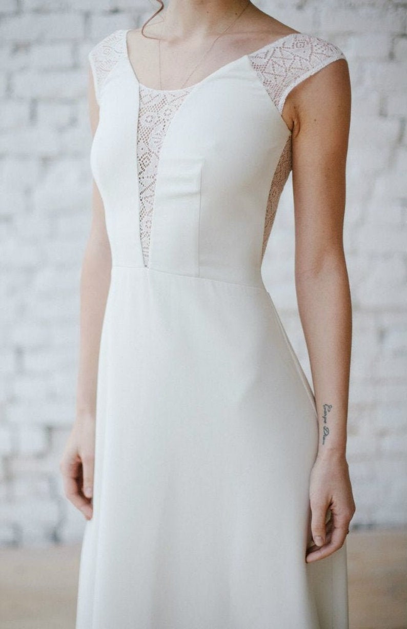 Boho lace wedding dress minimalist dress simple wedding dress crepe wedding dress A line silhouette image 8