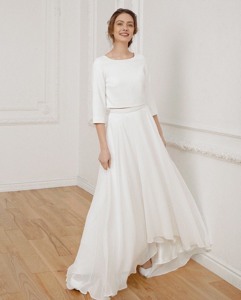 Simple wedding dress high low skirt long sleeves crop top romantic white dress casual wedding dress reception dress image 1