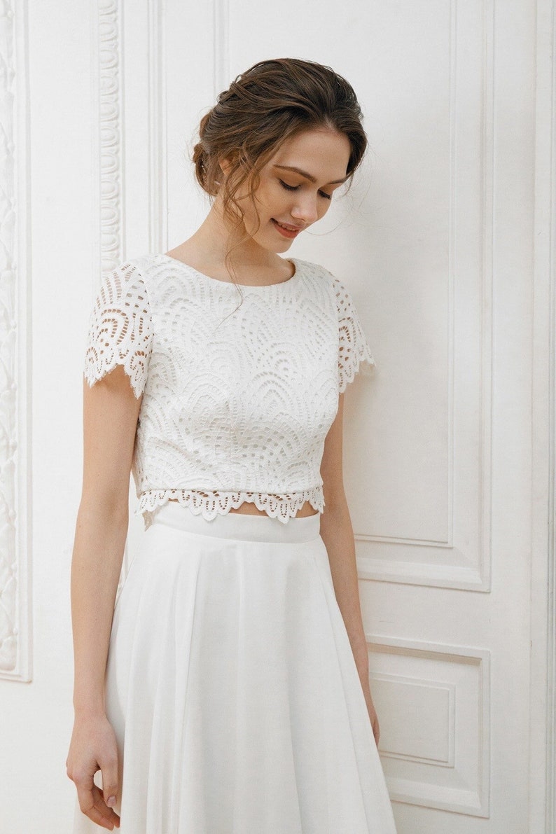 2 piece wedding dress / Crop top wedding dress / High-low skirt / Bridal separates / Lace top dress image 1