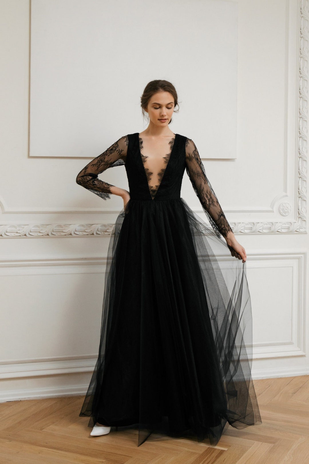 Black Lace Wedding Dress: Gothic A-line Long Sleeve Satin Tulle Gown - Etsy