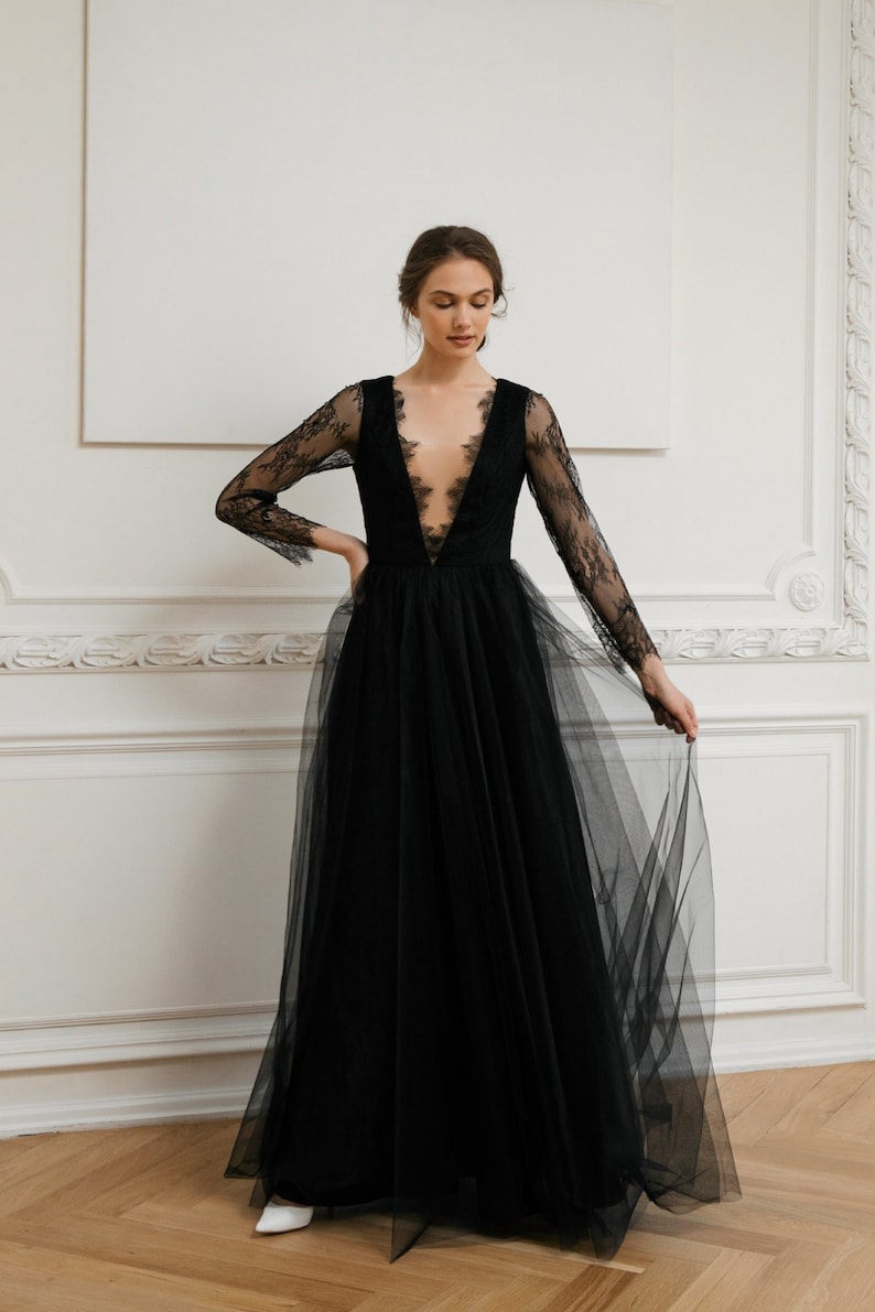 Black Lace Wedding Dress: Gothic A-line Long Sleeve Satin Tulle Gown - Etsy