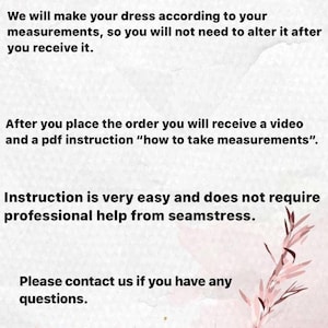 May include: A light pink and white background with text about custom dress measurements. The text states the dress will be made to the customer's measurements, and instructions are provided. The shop name, Bridalgardenstudio, is at the bottom.
