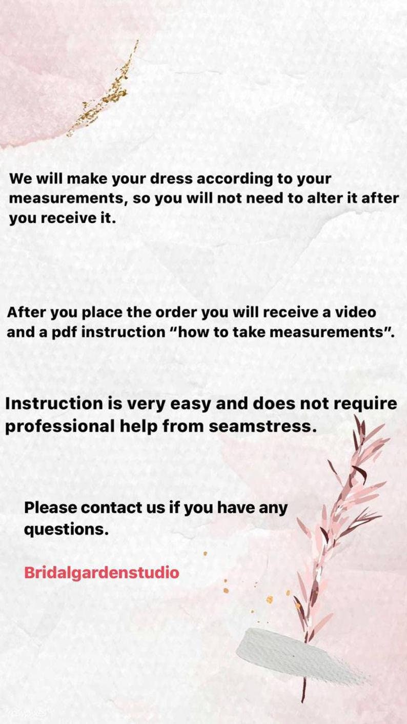 May include: A light pink and white background with text about custom dress measurements. The text states the dress will be made to the customer's measurements, and instructions are provided. The shop name, Bridalgardenstudio, is at the bottom.