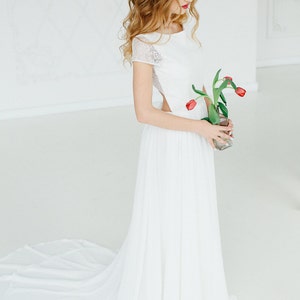 Simple wedding dress lace open back dress long wedding gown boat neckline A-line silhouette white dress image 8