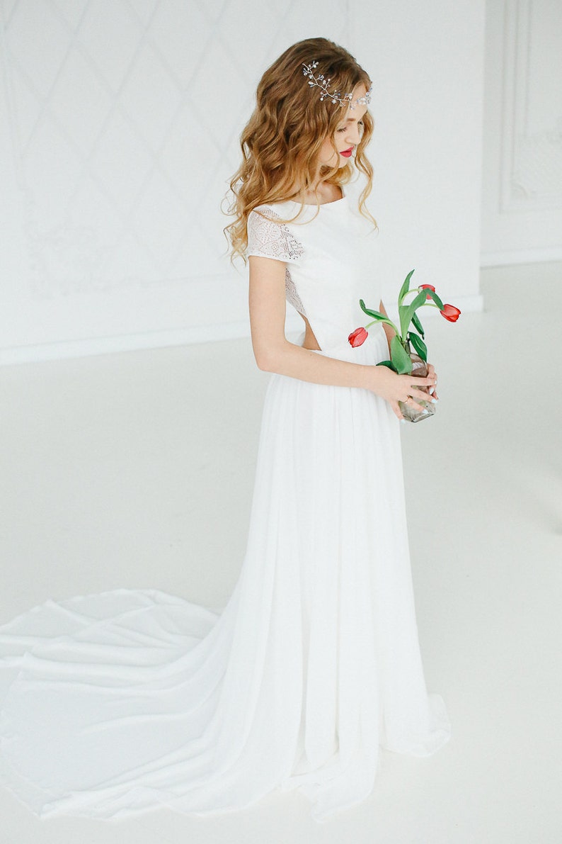 Simple wedding dress lace open back dress long wedding gown boat neckline A-line silhouette white dress image 8